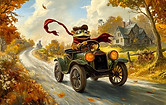 The Wind in the Willows — Mr Toad driving a vintage motorcar along a winding country road.