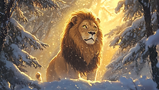 The Lion, the Witch and the Wardrobe — Aslan the lion standing in a snowy Narnia landscape surrounded by mountains and golden light.
