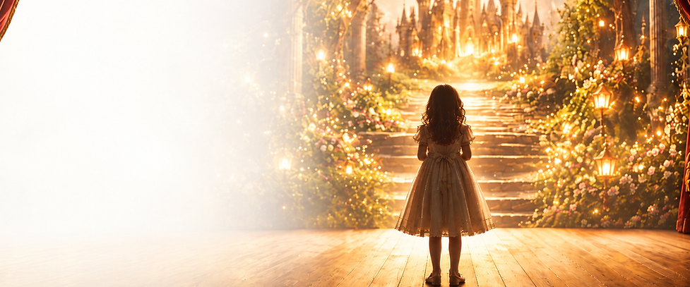 Young performer on stage facing a glowing fairytale castle, evoking the wonder of classic stories brought to life in children’s theatre.