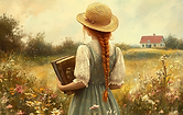 Anne of Green Gables — red-haired girl in a straw hat walking through a sunny meadow toward a farmhouse.