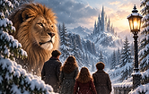 The Lion, the Witch and the Wardrobe — lion beside children in a snowy Narnia landscape with a lamppost and distant castle.