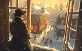 A Christmas Carol — Victorian figure in a top hat looking out over a snowy London street at Christmas.