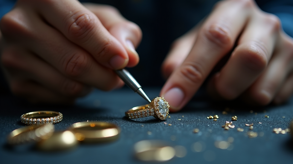 Close-up view of a jeweler working on a ring with precision tools