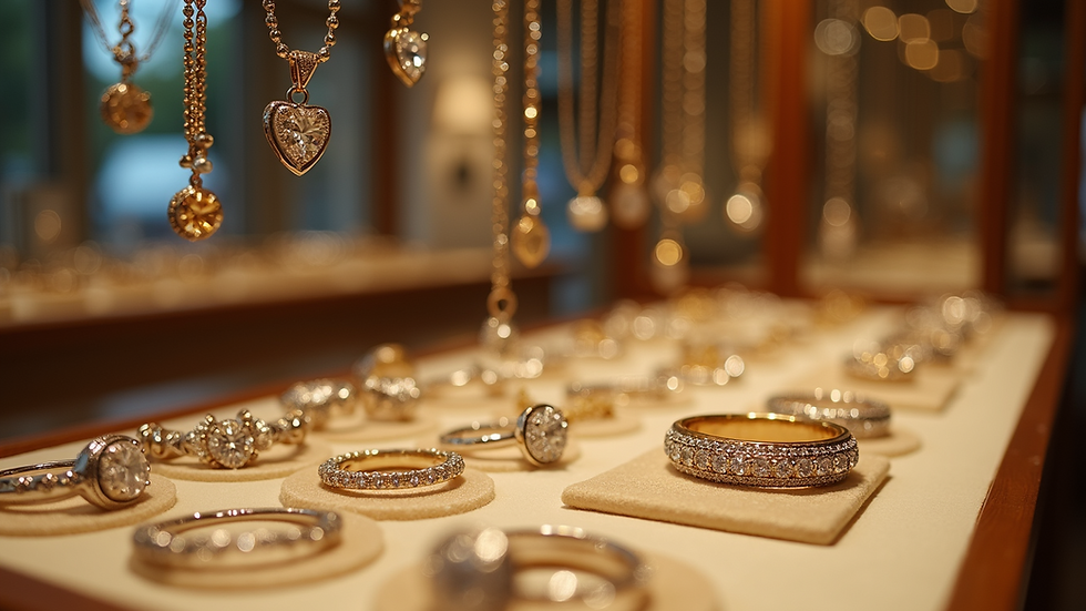 Eye-level view of a jewelry display with sparkling rings and necklaces