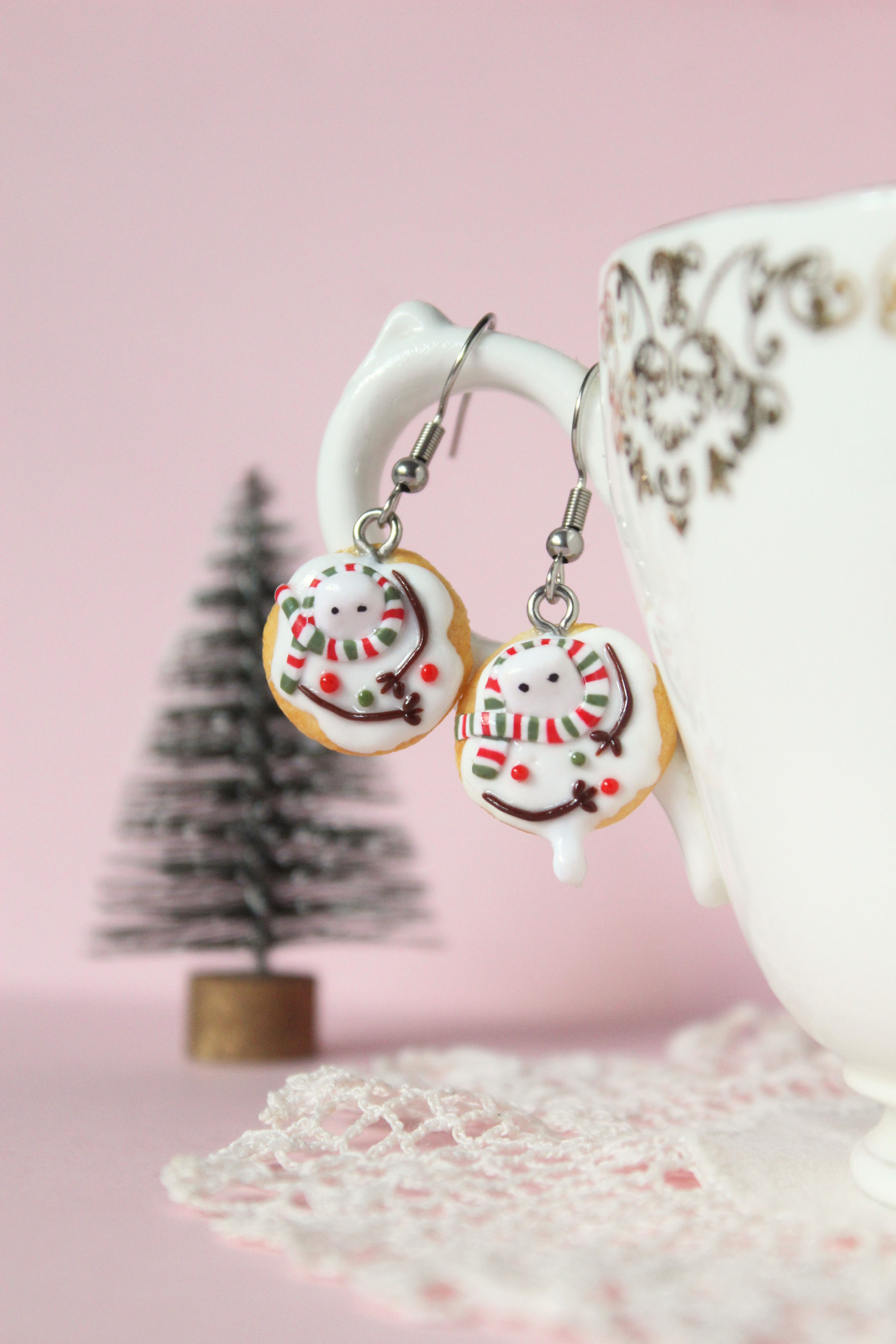 melted snowman cookie earrings, festive jewellery, holiday earrings, clay snowman, clay earrings, clay gifts, handmade UK