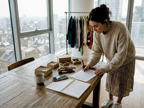 Influencer preparing outfit checklist at table