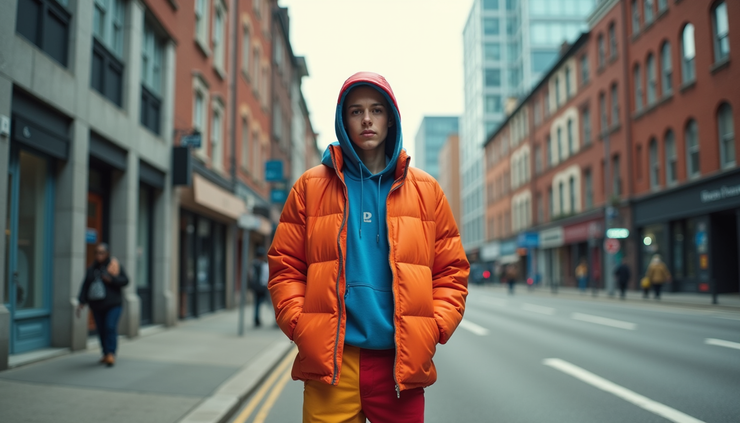 Eye-level view of a person wearing a colorful streetwear outfit on an urban street