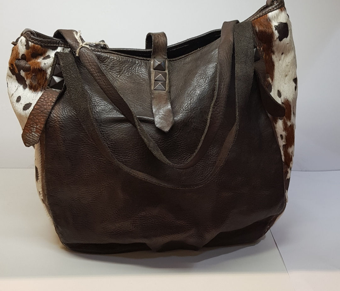 Grand shopping Campomaggi cuir vachette+ peau de vache griggio porté épaule + tr