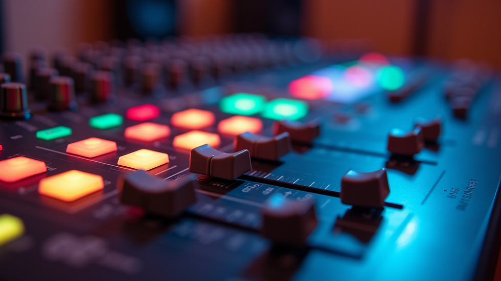 Close-up view of a mixing console with colorful knobs and sliders