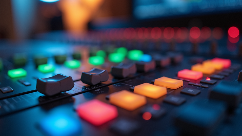Close-up view of a mixing console with colorful knobs and sliders