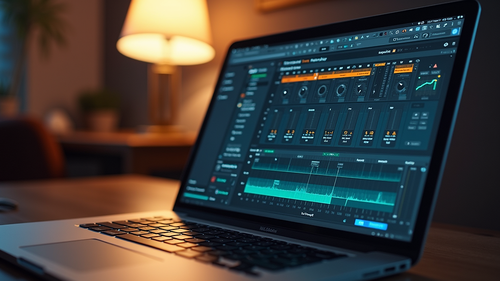 High angle view of a laptop screen showing a digital audio workstation interface