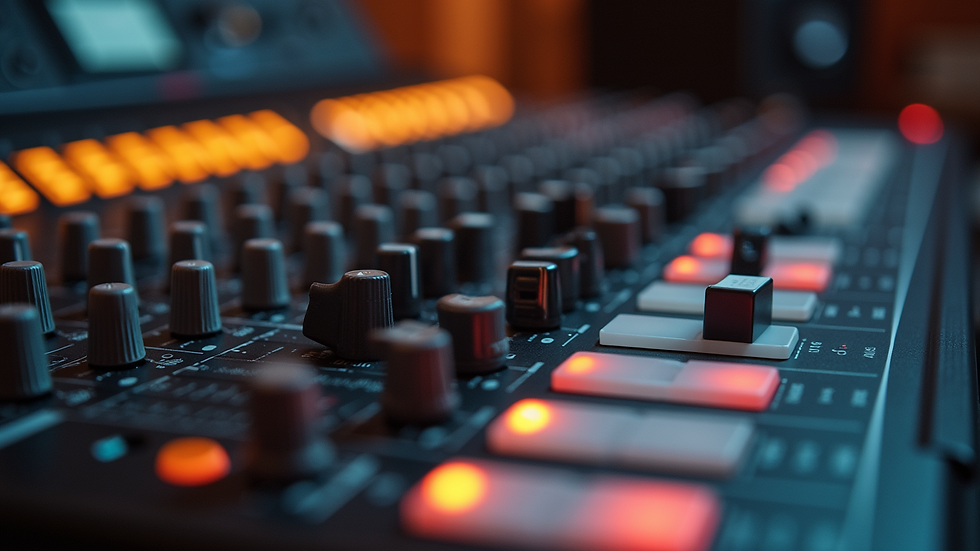 Close-up view of a mixing console with knobs and sliders