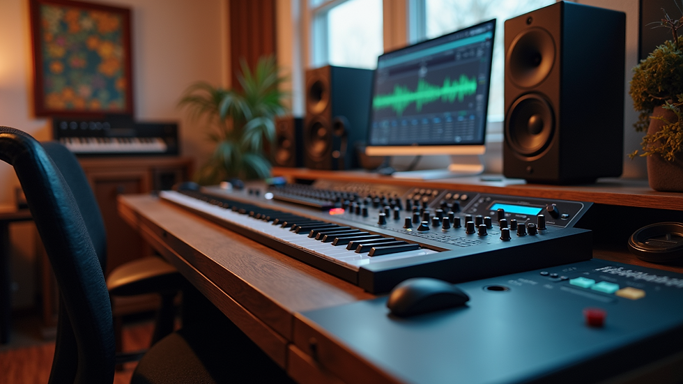 Eye-level view of a home studio setup with mixing console and speakers