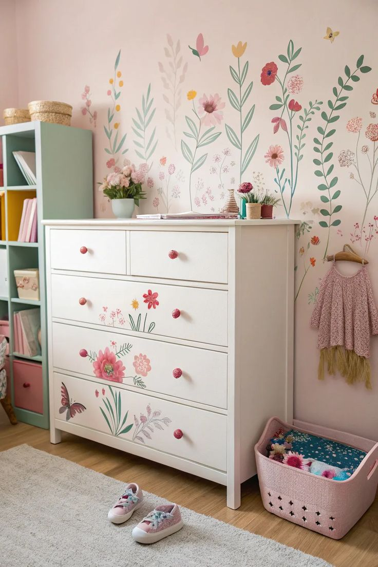 White dresser with floral decals, pink knobs, and a butterfly. Floral wall mural, pink clothes on the right. Cozy, pastel-themed room.