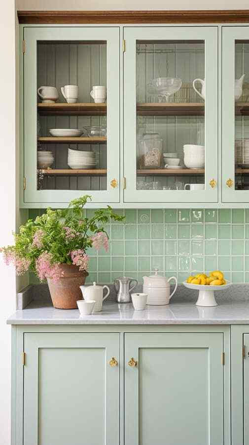 Pastel green kitchen with a tiled backsplash, displaying cups and dishes. A planter with pink flowers and a bowl of lemons adorn the counter.