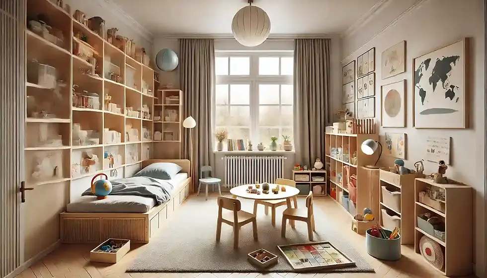 Cozy playroom with wooden shelves, a globe, and toys. Round table with chairs on a rug. Large window, soft lighting, and framed art.