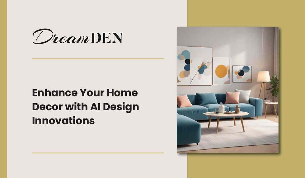 Modern living room with blue sofa, pastel pillows, abstract art, and a floor lamp. Text reads: DreamDEN, Enhance Your Home Decor with AI Design Innovations.