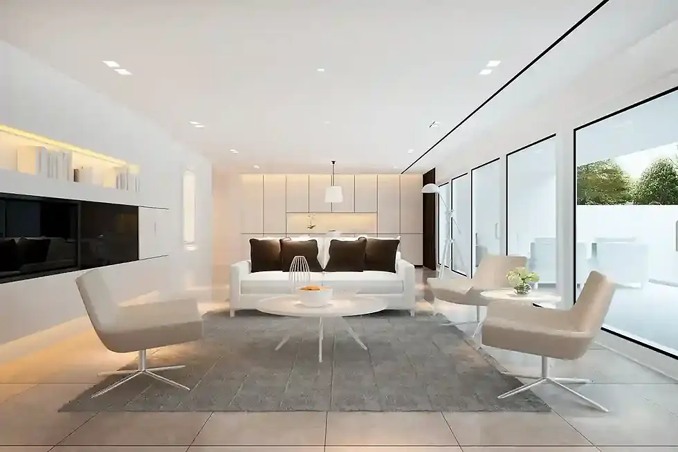 Modern living room with white furniture, gray carpet, and large windows. Neutral tones and minimalist decor create an elegant, serene atmosphere.