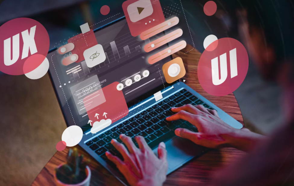 Hands typing on a laptop, surrounded by floating UI/UX design icons. Warm lighting, wooden table. Vibrant and tech-focused atmosphere.