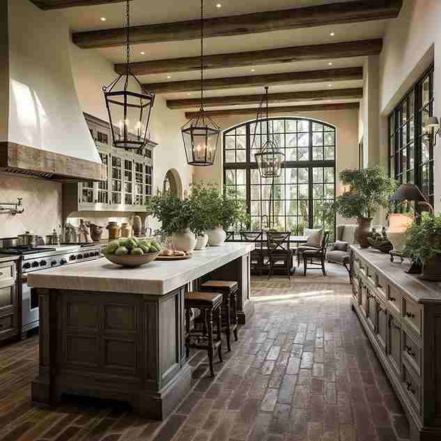 Rustic kitchen with a large island, wooden stools, and brick flooring. Potted plants and fruit on the counter. Large windows let in natural light.