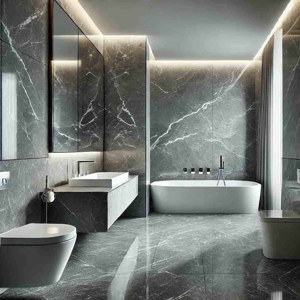 Luxurious bathroom with dark gray marble walls and floor, featuring a bathtub, sink, and toilet. Soft ambient lighting creates a serene mood.