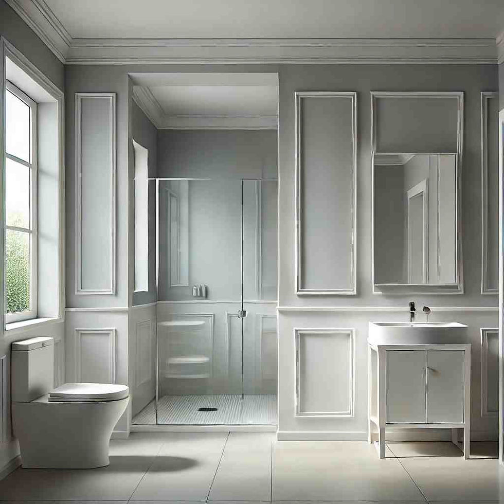 Elegant bathroom with gray walls, a glass shower, white toilet, and sink. Natural light streams in from a large window, creating a serene atmosphere.
