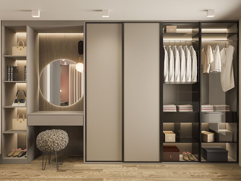 Modern closet with beige sliding doors, open shelves displaying handbags, shoes, folded clothes, and hanging shirts; circular mirror and stool.