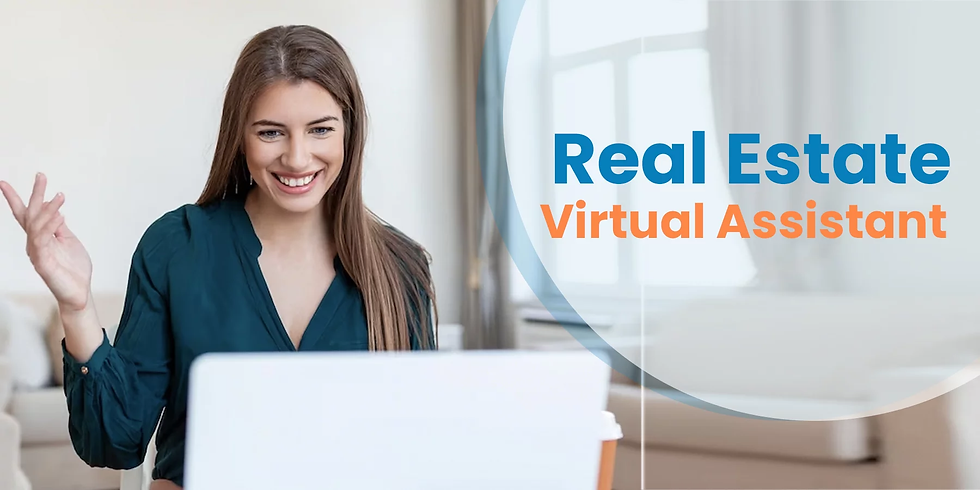 Smiling woman using a laptop in a bright room. Text reads "Real Estate Virtual Assistant" in blue and orange. Cozy, welcoming atmosphere.