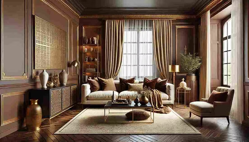 Elegant living room with beige sofa, brown cushions, and gold accents. Art on walls, large window with curtains, and a cozy, warm ambiance.