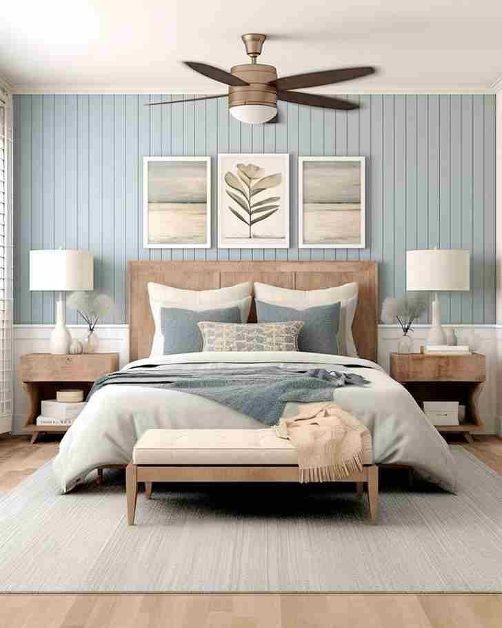 Cozy bedroom with wooden bed, blue-gray bedding, and tan throw. Twin lamps on nightstands, ceiling fan, and nature art on blue wall.
