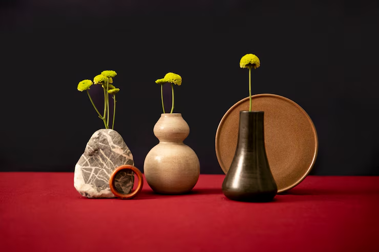 Various vases with yellow flowers on a red surface, dark background. The arrangement includes a stone, ceramic, and metal texture. Modern and calm.