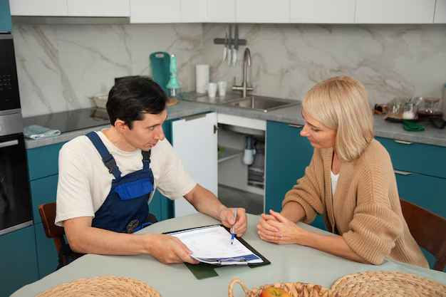 Man in blue overalls discussing with woman at kitchen table. Open cabinet in background, papers and clipboard on table, attentive mood.