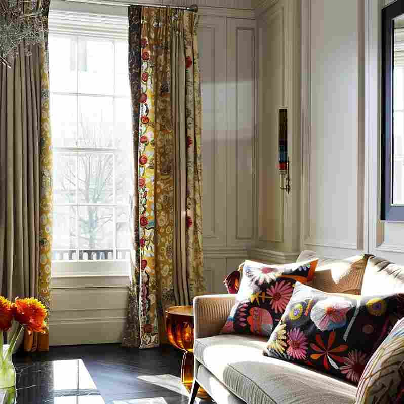 Cozy living room with floral curtains, light sofa adorned with colorful flower-patterned pillows. Sunlight streams through a large window.