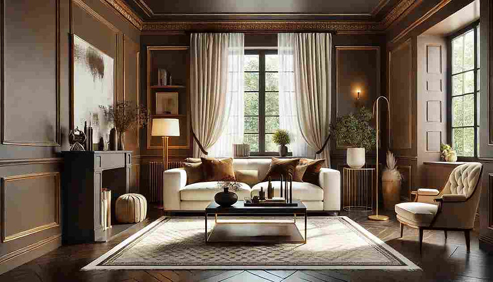 Elegant living room with a white sofa, brown cushions, and a coffee table. Large window with curtains, warm lighting, and neutral tones.