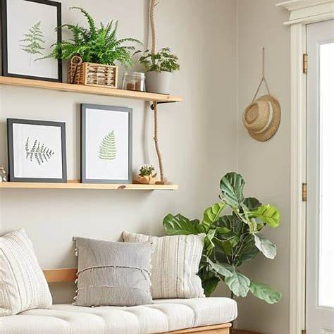 Cozy room with a cushioned bench, patterned pillows, and plant decor. Shelves display framed fern art. A straw hat hangs by a sunlit door.