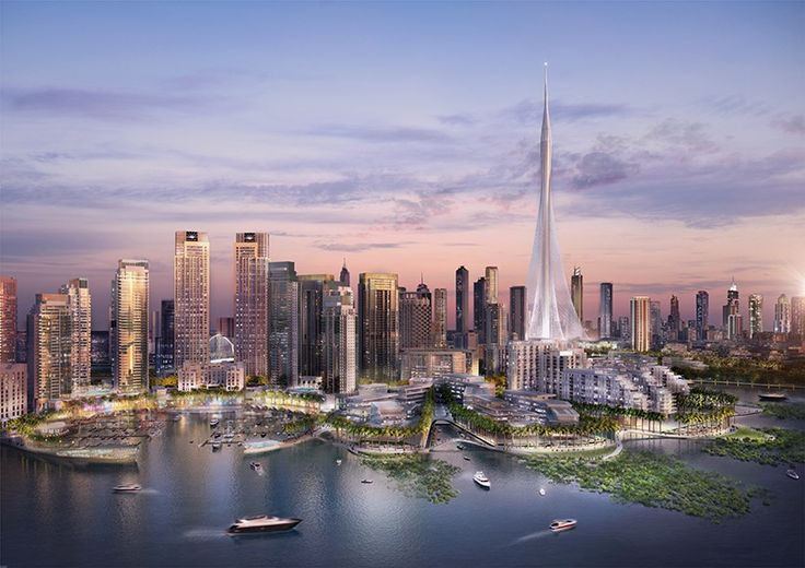 A futuristic cityscape at sunset with tall skyscrapers, a prominent spire, boats on the water, lush greenery, and a pink sky.