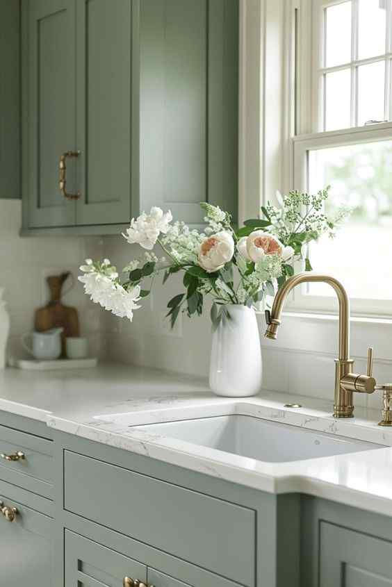 White flowers in a vase on a marble countertop in a kitchen with sage green cabinets and a brass faucet. Bright and elegant setting.