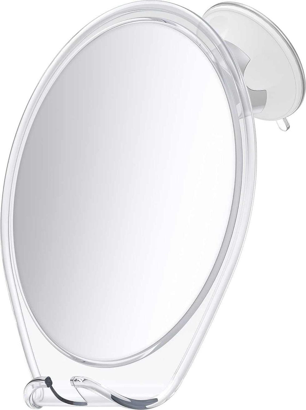 A round, wall-mounted mirror with a transparent frame and suction cup is shown against a plain white background.