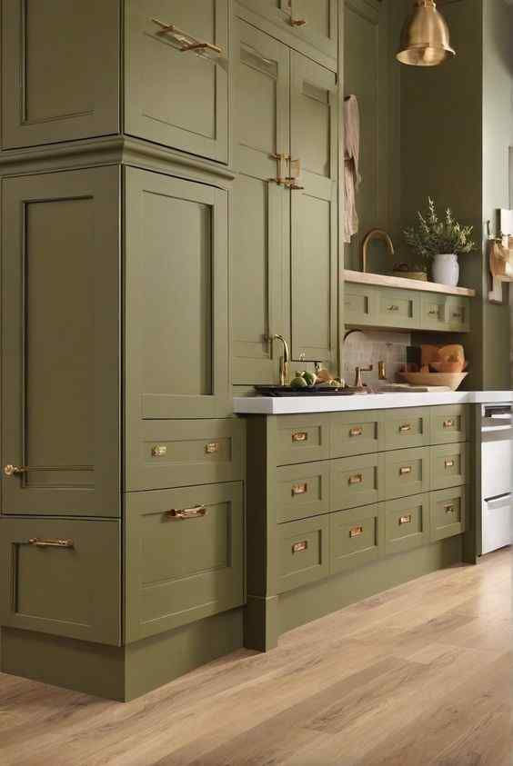 Sage green kitchen with gold handles, white countertop, and wooden floor. Potted plant on counter; warm and elegant atmosphere.