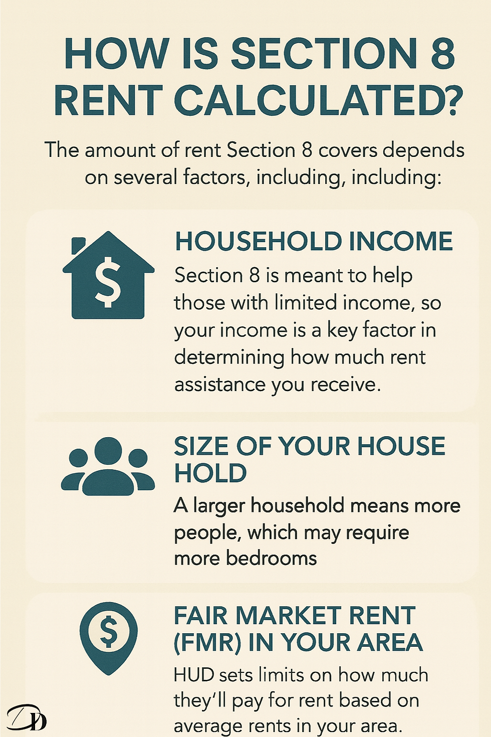 Infographic on Section 8 rent calculation mentions factors: household income, household size, and fair market rent, with icons and text.