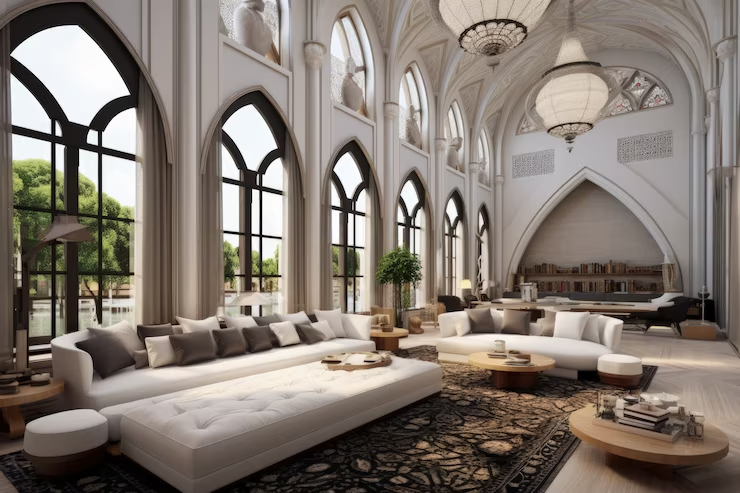 Luxurious room with arched windows, white sofas, and chandeliers. Elegant decor features a black patterned rug and bookshelves. Bright, airy feel.