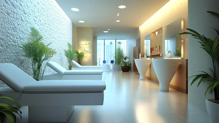 Spa room with white loungers, potted plants, and modern sinks. Soft lighting and textured walls create a calming ambiance.