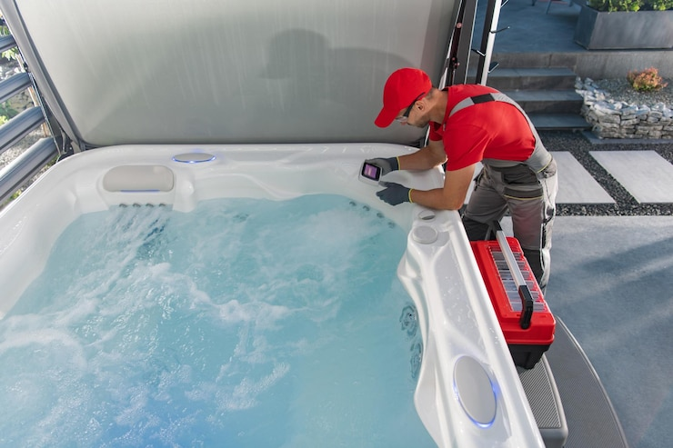 Worker in red cap tests hot tub water with a device. He's wearing gloves, next to a red toolbox. Outdoor setting with a calm atmosphere.