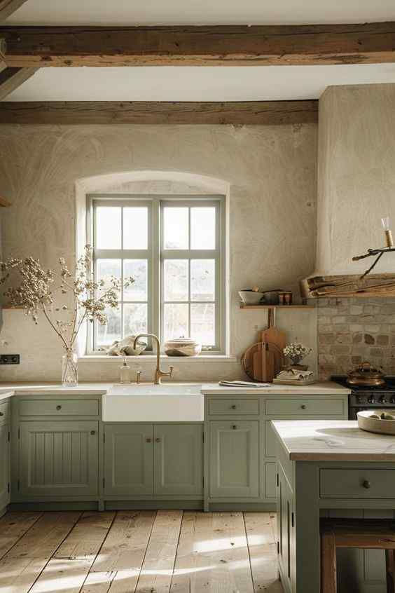 Rustic kitchen with sage green cabinets, wooden beams, and a farmhouse sink. Warm light filters through a window. Dried flowers in a vase.