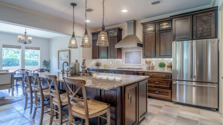 Professional kitchen cabinet installation with dark wood cabinets and granite island countertops