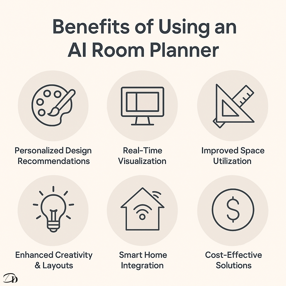 Infographic titled "Benefits of Using an AI Room Planner" with icons and text highlighting design, visualization, space use, creativity, smart home, and cost-effectiveness.