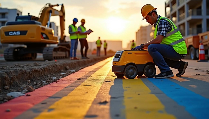 Construction worker in helmet and vest kneels by a small vehicle on colored paths. Other workers and excavator in background, sunset glow.