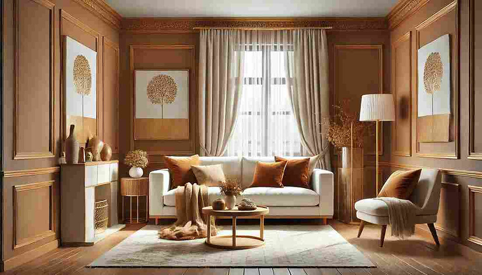 Elegant living room with white sofa, orange pillows, beige rug. Brown wood walls, tree art. Sunlight filters through curtains. Cozy vibe.