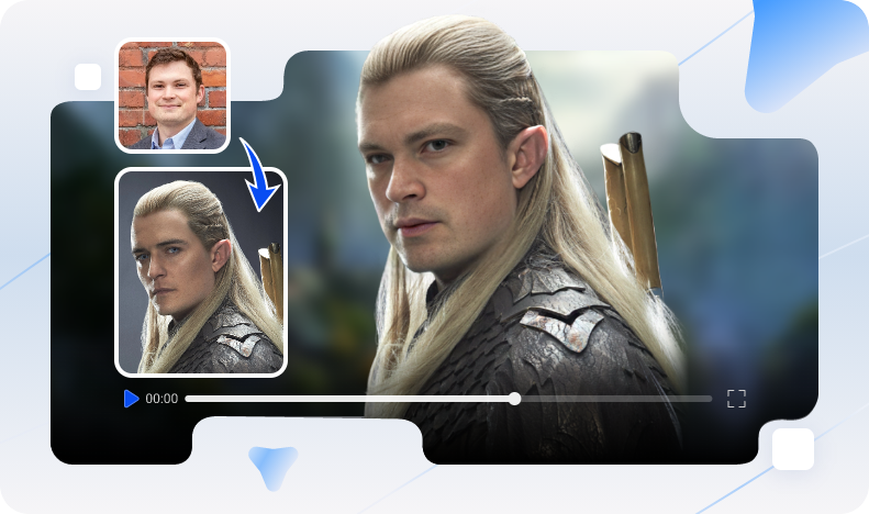 A media player displays a man transformed into an elf with long blonde hair and a quiver. Another image shows the original man's portrait.