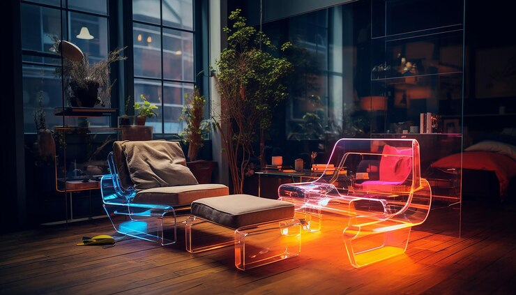 Modern living room with glowing neon chairs in blue and orange, wooden floor, large windows, plants, and cozy ambiance. No text present.
